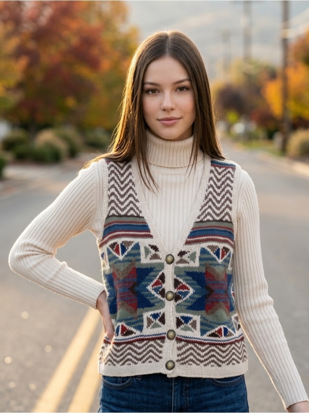 Vintage 90s Chevron Western Aztec Knit Sweater Vest Button Front Boho Women’s M